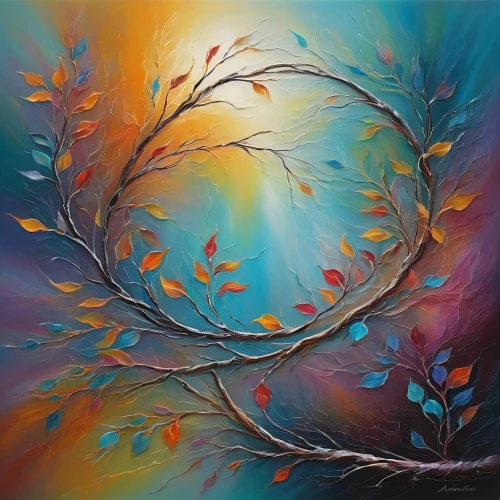 colorful tree of life,flourishing tree,circle around tree,boho art,colorful spiral,the branches of the tree,oil painting on canvas,branch swirl,orange tree,circle paint,tree of life,harmony of color,branch swirls,mantra om,abstract painting,fractals art,autumn wreath,the branches,branches,dream catcher,Conceptual Art,Daily,Daily 32