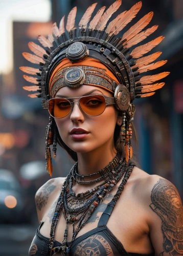 indian headdress,headdress,warrior woman,tattoo girl,feather headdress,american indian,voodoo woman,tribal chief,headpiece,shamanic,cyberpunk,native american,aztecs,cleopatra,the american indian,asian costume,maori,tribal,aborigine,female warrior,Photography,General,Sci-Fi