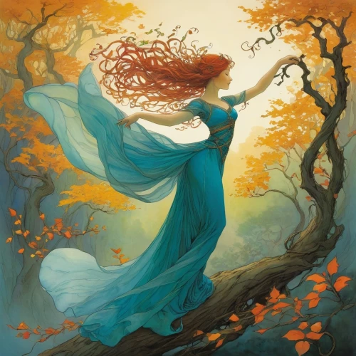 autumn background,girl with tree,autumn idyll,the autumn,falling on leaves,throwing leaves,light of autumn,faerie,golden autumn,autumn theme,pumpkin autumn,faery,fae,ballerina in the woods,fairies aloft,autumn,fantasy picture,autumn landscape,autumn day,dryad,Illustration,Realistic Fantasy,Realistic Fantasy 04