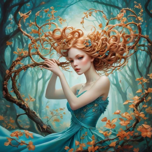 faerie,dryad,faery,girl with tree,fantasy portrait,fantasy art,mystical portrait of a girl,fae,fairy queen,fantasy picture,girl in a wreath,the enchantress,rusalka,blue enchantress,flora,siren,fairy tale character,fairy peacock,fantasia,orange blossom,Illustration,Abstract Fantasy,Abstract Fantasy 11