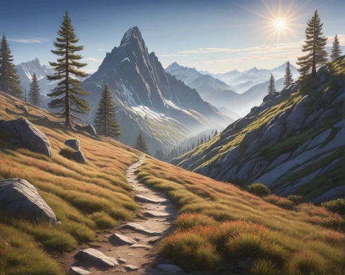 hiking path,mountain scene,mountain landscape,alpine crossing,alpine route,salt meadow landscape,landscape background,pathway,mountainous landscape,fantasy landscape,autumn mountains,the mystical path,mountain road,landscape mountains alps,world digital painting,the path,mountain sunrise,high landscape,mountain meadow,alpine region,Illustration,Abstract Fantasy,Abstract Fantasy 21