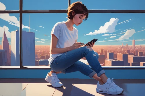 woman holding a smartphone,girl studying,girl at the computer,girl sitting,world digital painting,texting,girl in a long,girl with speech bubble,sci fiction illustration,modern,sneakers,on the phone,girl with bread-and-butter,holding shoes,cell phone,girl drawing,girl with cereal bowl,social media addiction,digital painting,city ​​portrait,Illustration,Vector,Vector 08