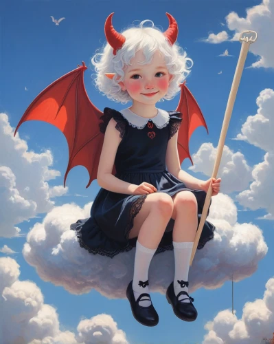 flying girl,devil,angel and devil,cherub,angel girl,clouds - sky,sky,cupid,cumulus,fantasy girl,sky rose,wind vane,white cloud,fall from the clouds,fantasy portrait,crying angel,heaven and hell,angelology,little clouds,fantasy picture,Art,Artistic Painting,Artistic Painting 30