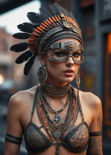 indian headdress,tattoo girl,tribal chief,native american,warrior woman,tribal,american indian,headdress,pocahontas,steampunk,aztec,voodoo woman,feather headdress,polynesian girl,asian costume,female warrior,cyberpunk,shaman,indian woman,aborigine,Photography,General,Sci-Fi