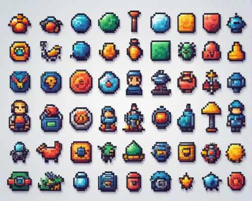 collected game assets,pixel cells,set of icons,fruit icons,vendors,crown icons,inventory,fruits icons,assortment,trinkets,colored stones,miniatures,game characters,robot icon,blobs,helmets,pixel art,objects,gas bottles,retro items,Conceptual Art,Oil color,Oil Color 17