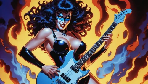 blue demon,fire devil,hot metal,firebird,ibanez,electric guitar,thrash metal,guitar solo,fire siren,lake of fire,painted guitar,epiphone,fire angel,firestar,music fantasy,voodoo woman,bass guitar,fire background,maiden,fantasy woman,Illustration,American Style,American Style 05