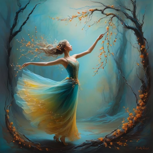 ballerina in the woods,faerie,faery,fantasy picture,mystical portrait of a girl,fantasy art,fairy queen,dryad,girl with tree,fairies aloft,light of autumn,forest of dreams,the enchantress,enchanted forest,autumn background,autumn idyll,the autumn,enchanting,fairy tale character,blue enchantress,Illustration,Realistic Fantasy,Realistic Fantasy 16