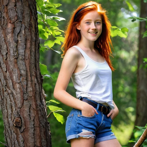 maci,redhair,redheaded,red-haired,girl in t-shirt,redheads,in the forest,in shorts,ginger rodgers,countrygirl,redhead,forest background,green background,female model,red hair,beautiful young woman,red head,teen,holding a gun,cheloveka common,Illustration,Black and White,Black and White 35
