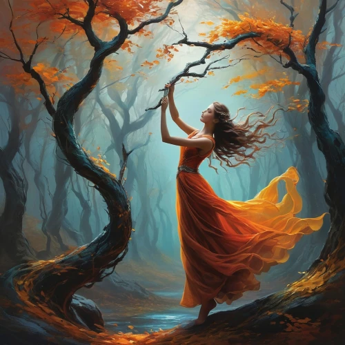 ballerina in the woods,autumn background,autumn theme,fantasy picture,autumn forest,halloween bare trees,falling on leaves,haunted forest,dancing flames,pumpkin autumn,fae,girl with tree,forest of dreams,light of autumn,halloween background,danse macabre,dance of death,the autumn,faerie,throwing leaves,Conceptual Art,Fantasy,Fantasy 12