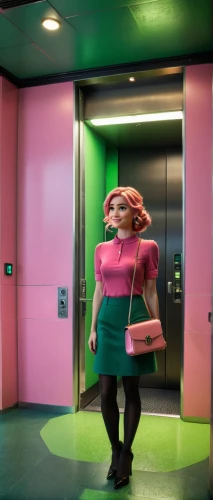 man in pink,elevator,elevators,pink green,revolving door,neon human resources,janitor,washroom,the pink panther,attraction theme,hotel man,bellboy,lobby,magenta,toilets,pink panther,lift,baggage hall,children's interior,disney character,Photography,General,Fantasy