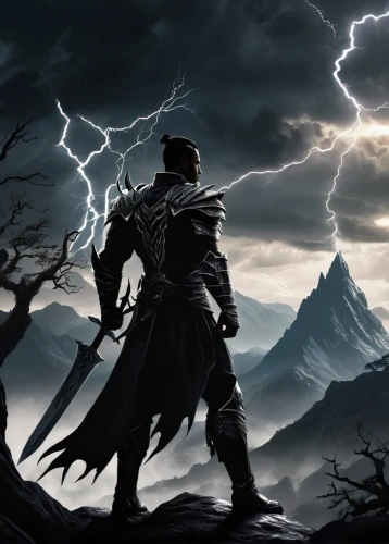 heroic fantasy,fantasy picture,god of thunder,jrr tolkien,carpathian,skyrim,fantasy art,highlander,massively multiplayer online role-playing game,lone warrior,witcher,strom,wall,thorin,the storm of the invasion,world digital painting,background image,black warrior,dodge warlock,lightning storm,Illustration,Black and White,Black and White 31