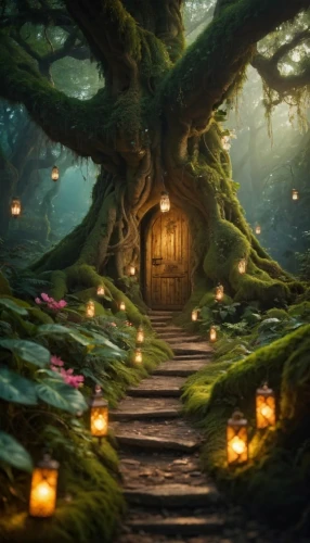 fairy door,enchanted forest,fairy forest,fairy village,fairytale forest,fantasy picture,elven forest,fairy house,hobbiton,fairy world,the mystical path,druid grove,witch's house,a fairy tale,fantasy landscape,tree house,wishing well,forest of dreams,fairy tale,forest path