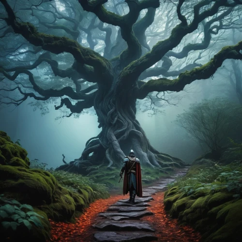 the mystical path,fantasy picture,crooked forest,the dark hedges,tree of life,the roots of trees,the path,magic tree,celtic tree,druid grove,enchanted forest,the branches of the tree,fantasy art,forest path,the wanderer,sci fiction illustration,elven forest,tree and roots,bodhi tree,world digital painting,Illustration,Paper based,Paper Based 08