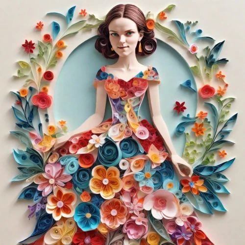 girl in flowers,girl in a wreath,flower wall en,flower art,painter doll,daisy jazz isobel ridley,wreath of flowers,paper art,flower painting,blooming wreath,flower fairy,vintage floral,artist doll,flower girl,clay doll,vintage flowers,felt flower,wooden doll,flora,doll dress,Digital Art,Flat Papercut