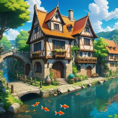 studio ghibli,house by the water,house with lake,knight village,aqua studio,fisherman's house,escher village,fairy tale castle,3d fantasy,fantasy world,aurora village,house of the sea,water castle,summer cottage,beautiful home,fantasy landscape,fantasy city,treasure house,resort town,alpine village,Illustration,Japanese style,Japanese Style 03