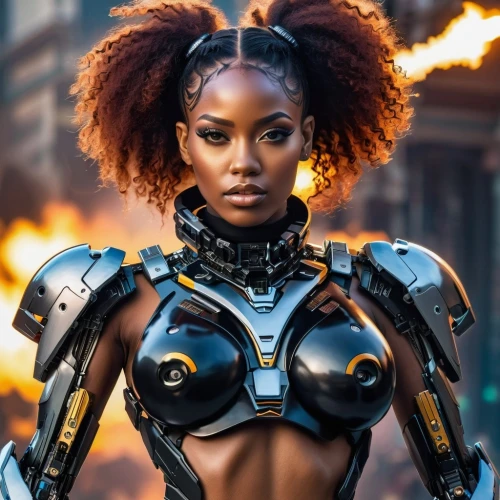 cyborg,steampunk,futuristic,artificial hair integrations,african american woman,cyberpunk,ebony,bumblebee,warrior woman,cybernetics,sci fi,x-men,breastplate,black women,black models,maria bayo,tiana,scifi,black woman,female warrior,Photography,General,Realistic