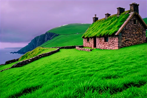 faroe islands,ireland,green landscape,northern ireland,grass roof,home landscape,green wallpaper,thatched cottage,roof landscape,scottish highlands,icelandic houses,isle of skye,orkney island,purple landscape,basque country,lonely house,acores,green grass,beautiful landscape,thatched roof,Conceptual Art,Sci-Fi,Sci-Fi 28