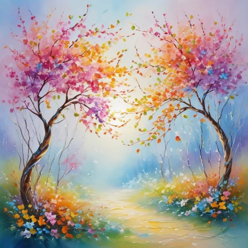 flower painting,springtime background,meadow in pastel,watercolor tree,watercolor background,spring background,colorful tree of life,blossoming apple tree,colorful background,watercolor floral background,spring leaf background,cherry blossom tree,painted tree,blossom tree,colored pencil background,flower tree,art painting,flower background,floral background,spring blossom,Illustration,Japanese style,Japanese Style 19