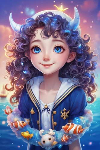 the sea maid,sailor,fantasy portrait,delta sailor,zodiac sign libra,aquarius,ferry,nautical star,mermaid background,custom portrait,zodiac sign leo,catarina,zodiac sign gemini,cute cartoon character,navi,fairy tale character,luna,constellation unicorn,marina,portrait background,Illustration,Realistic Fantasy,Realistic Fantasy 19