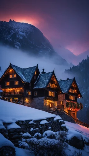 house in mountains,mountain huts,house in the mountains,mountain hut,the cabin in the mountains,alpine village,korean village snow,winter house,carpathians,mountain village,alpine hut,chalet,alpine style,log home,alpine sunset,shirakawa-go,winter village,snow house,mountain settlement,beautiful japan,Art,Classical Oil Painting,Classical Oil Painting 17