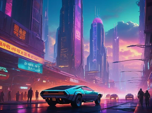 futuristic landscape,cyberpunk,cityscape,futuristic,fantasy city,80s,dystopian,futuristic car,sci fiction illustration,colorful city,dystopia,80's design,sci - fi,sci-fi,metropolis,scifi,skyline,evening city,dusk,1980's,Conceptual Art,Sci-Fi,Sci-Fi 19