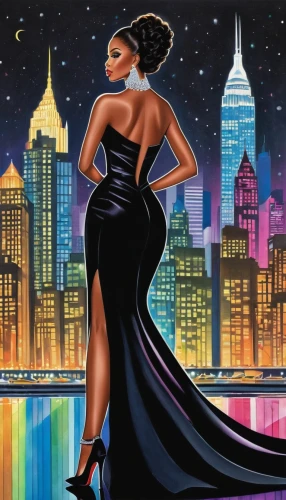 fashion illustration,ester williams-hollywood,art deco woman,queen of the night,city trans,african american woman,cd cover,big night city,lady of the night,lady honor,art deco background,black woman,tiana,wonder woman city,harlem,manhattan,evening dress,blues and jazz singer,city lights,new york skyline,Conceptual Art,Daily,Daily 17