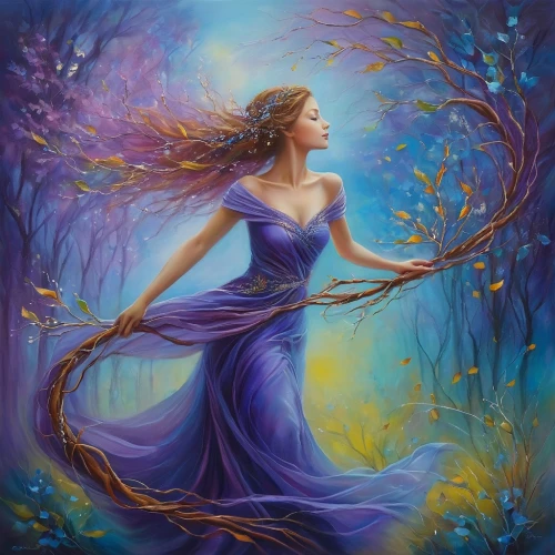 faerie,blue enchantress,mystical portrait of a girl,faery,la violetta,oil painting on canvas,rapunzel,fantasy picture,fantasy art,fae,fairy queen,girl with tree,golden lilac,dryad,lilac tree,fantasy portrait,fantasia,the enchantress,lilac branches,wisteria,Illustration,Realistic Fantasy,Realistic Fantasy 30