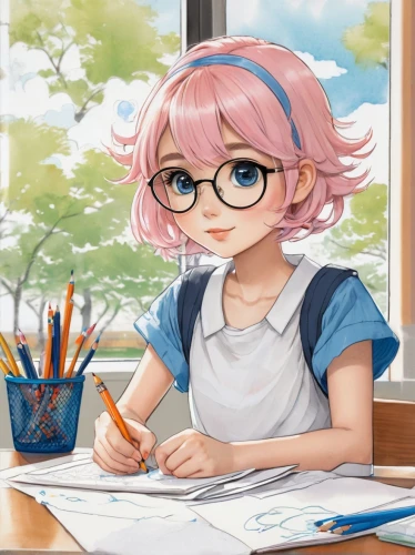 girl studying,girl drawing,with glasses,rainbow pencil background,tutor,carnation coloring,reading glasses,pink glasses,pencil frame,tutoring,study,coloring,watercolor background,illustrator,beautiful pencil,glasses,meteora,colouring,writing-book,study room,Illustration,Paper based,Paper Based 30