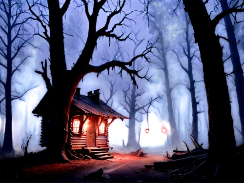house in the forest,wooden hut,winter house,lonely house,cartoon video game background,log cabin,witch's house,small cabin,witch house,cabin,treehouse,night scene,black forest,cottage,snow house,tree house,forest background,house silhouette,haunted forest,wooden house,Conceptual Art,Sci-Fi,Sci-Fi 30