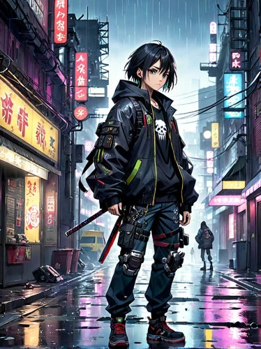cyberpunk,yukio,nico,2d,samurai,walking in the rain,shinjuku,cg artwork,anime japanese clothing,tokyo,tokyo city,hk,urban,cyber,taipei,rain suit,harajuku,ren,in the rain,hong,Anime,Anime,Realistic