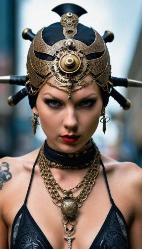 warrior woman,steampunk,female warrior,headpiece,asian costume,headdress,steampunk gears,body jewelry,adornments,oriental princess,priestess,headgear,beautiful girls with katana,kokoshnik,cleopatra,sacred lotus,streampunk,oriental girl,alien warrior,breastplate,Photography,General,Realistic