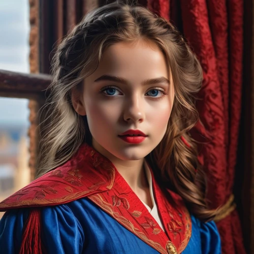 portrait of a girl,child portrait,tudor,girl in a historic way,mystical portrait of a girl,girl portrait,young model istanbul,red coat,hanbok,young beauty,romantic portrait,lily-rose melody depp,young lady,red cape,musketeer,russian folk style,princess sofia,portrait photography,cinderella,gothic portrait,Photography,General,Realistic