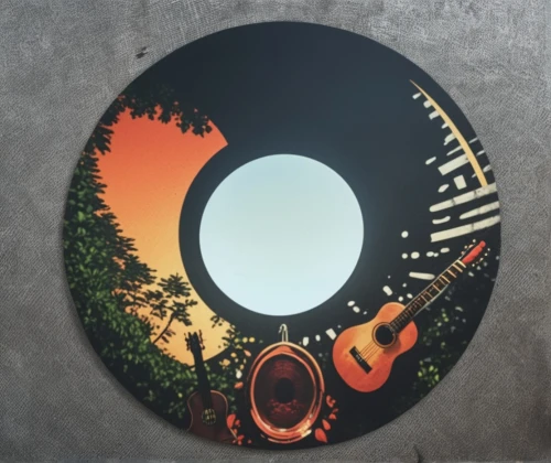 drumhead,remo ux drum head,wooden plate,vinyl record,bass banjo,painted guitar,handpan,life stage icon,decorative plate,porthole,banjo guitar,circle design,bass drum,blank vinyl record jacket,bodhrán,guitar pick,apple icon,gong bass drum,wall clock,soundcloud logo,Photography,General,Realistic