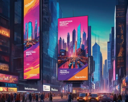 colorful city,time square,cyberpunk,futuristic,times square,fantasy city,tokyo city,cityscape,metropolis,neon human resources,neon arrows,futuristic landscape,shinjuku,city trans,shanghai,illuminated advertising,business district,tokyo,advertising banners,80's design,Illustration,Realistic Fantasy,Realistic Fantasy 42