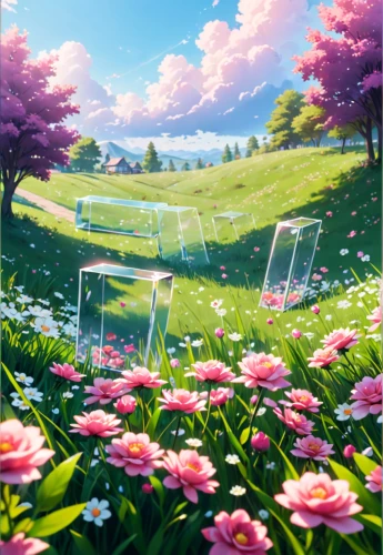 blooming field,spring background,springtime background,field of flowers,flowers field,flower field,landscape background,flower background,summer meadow,japanese sakura background,sakura background,meadow landscape,cosmos field,flower meadow,flowering meadow,sea of flowers,falling flowers,spring meadow,flower garden,pink daisies,Anime,Anime,Realistic