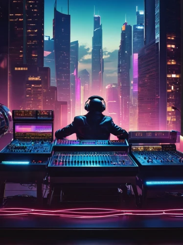 cyberpunk,dj,electronic,futuristic,80s,mixing table,music workstation,cyber,music background,metropolis,techno,cityscape,old elektrolok,sound table,aesthetic,midi,electro,4k wallpaper,electronic music,urban,Illustration,Paper based,Paper Based 12