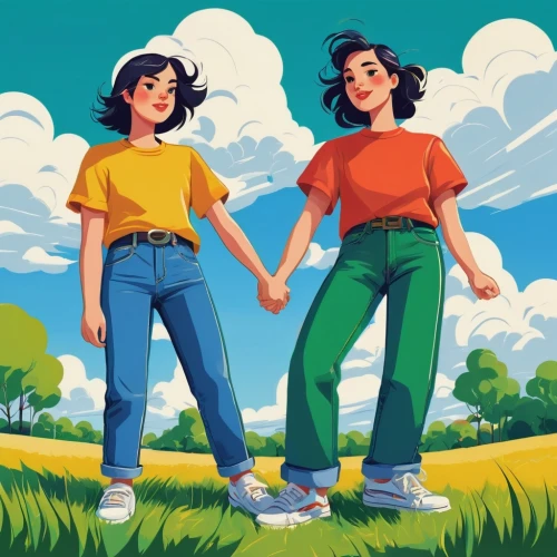hold hands,holding hands,sewing pattern girls,hand in hand,hands holding,two girls,girlfriends,smiley girls,kids illustration,two friends,rainbow background,rosa ' amber cover,together and happy,twin flowers,hikers,together,digital illustration,vegan icons,retro women,land love,Art,Artistic Painting,Artistic Painting 35