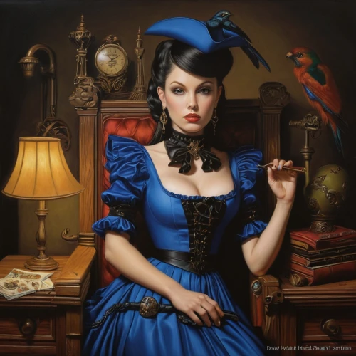 victorian lady,gothic portrait,bluejay,the gramophone,fantasy portrait,blue parrot,fantasy art,blue lamp,rosella,magpie,gramophone,blue bird,old world oriole,aristocrat,gothic woman,blue ribbon,woman holding pie,black hat,romantic portrait,blue jay,Illustration,Realistic Fantasy,Realistic Fantasy 22