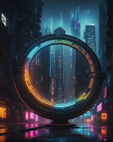 electric arc,futuristic landscape,futuristic,cyberpunk,time spiral,the loop,portals,cyclocomputer,vortex,circular,loop,hamster wheel,transistor,scifi,torus,stargate,magneto-optical disk,cyberspace,wormhole,cyber glasses,Illustration,Realistic Fantasy,Realistic Fantasy 28