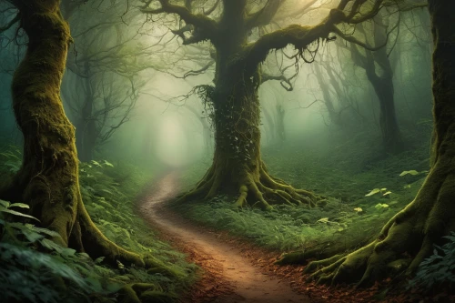 forest path,the mystical path,forest road,elven forest,enchanted forest,fairytale forest,foggy forest,tree lined path,hollow way,the path,fairy forest,hiking path,forest landscape,germany forest,forest of dreams,wooden path,haunted forest,holy forest,green forest,pathway,Illustration,Realistic Fantasy,Realistic Fantasy 40