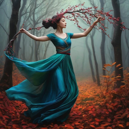 fantasy picture,faerie,ballerina in the woods,blue enchantress,mystical portrait of a girl,faery,dryad,fantasy art,fantasy portrait,girl with tree,the enchantress,throwing leaves,fairy queen,rosa 'the fairy,elven flower,enchanted forest,fae,blue moon rose,fallen petals,fantasy woman,Illustration,Realistic Fantasy,Realistic Fantasy 07