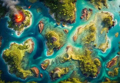 lava river,floating islands,an island far away landscape,archipelago,volcanic lake,underwater oasis,islands,uninhabited island,volcano pool,coral reef,artificial islands,java island,underwater landscape,atoll from above,fantasy landscape,volcanos,volcanic field,artificial island,tropical island,polynesia,Conceptual Art,Fantasy,Fantasy 31