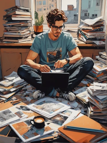 man with a computer,pile of books,bookworm,computer addiction,the living room of a photographer,nerd,paperwork,geek,pile of newspapers,writing-book,coffee and books,book electronic,background scrapbook,notebooks,reading glasses,content writers,study room,books pile,mail flood,e-book readers,Conceptual Art,Oil color,Oil Color 08