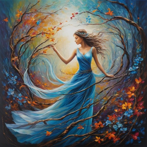 blue moon rose,oil painting on canvas,boho art,faerie,autumn background,art painting,blue enchantress,throwing leaves,fantasy art,light of autumn,blue painting,blue moon,oil painting,mystical portrait of a girl,fantasy picture,woman playing,the autumn,girl with tree,mother earth,faery,Illustration,Abstract Fantasy,Abstract Fantasy 14