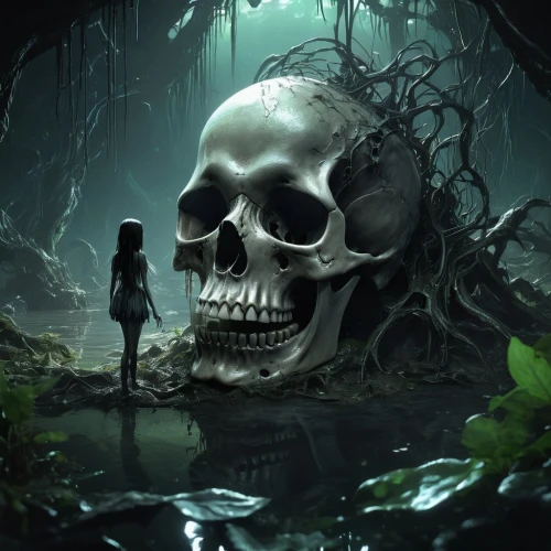 dark art,world digital painting,skull rowing,game illustration,monkey island,sci fiction illustration,scull,fantasy art,fantasy picture,game art,life after death,bayou,mirror of souls,death's head,skull bones,background image,hollow way,dark world,skeleton key,adventure game,Illustration,Realistic Fantasy,Realistic Fantasy 47