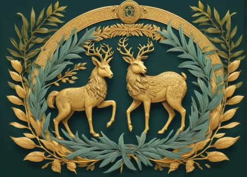 heraldic animal,laurel wreath,emblem,gold deer,deer illustration,heraldic,crest,national emblem,heraldry,stag,antler velvet,bucks,fallow deer group,gazelles,zodiac,deers,european deer,trioceros,fawns,antlers,Illustration,Paper based,Paper Based 17