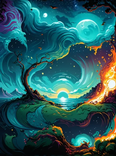 fire background,fractal environment,fantasy landscape,fire planet,abstract backgrounds,art background,psychedelic art,space art,colorful foil background,colorful spiral,swirls,digital background,colorful stars,swirling,vortex,fractals art,abstract background,dancing flames,vast,galaxy collision,Illustration,Realistic Fantasy,Realistic Fantasy 25