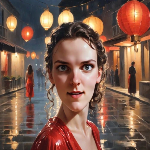 world digital painting,chinese art,chinese background,china,red balloon,geisha,shanghai,man in red dress,the girl's face,dongfang meiren,oil painting on canvas,oriental,chinese temple,hong,asia,sci fiction illustration,fantasy portrait,asian vision,oriental painting,red balloons,Digital Art,Classicism