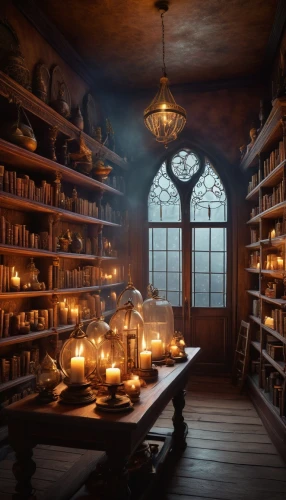 apothecary,candlemaker,potions,bookshelves,pharmacy,pantry,dark cabinetry,cosmetics counter,bookstore,witch's house,tealights,shelves,bookcase,alchemy,bookshop,dandelion hall,bookshelf,shopkeeper,cosmetics,victorian kitchen,Illustration,Abstract Fantasy,Abstract Fantasy 01