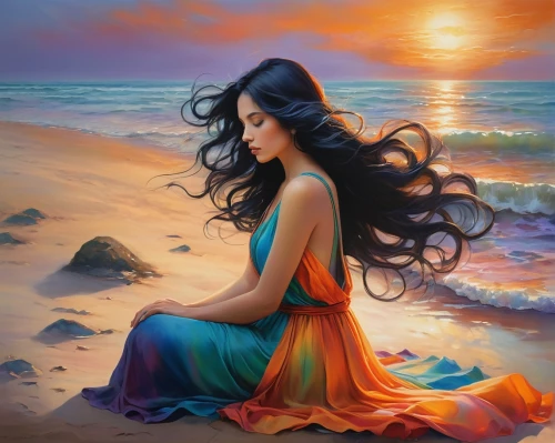 girl on the dune,fantasy art,sea breeze,mystical portrait of a girl,fantasy picture,oil painting on canvas,oriental longhair,the wind from the sea,oil painting,romantic portrait,fantasy portrait,art painting,sunset glow,oriental princess,sea landscape,gypsy soul,sea-shore,vietnamese woman,mermaid background,jasmine,Conceptual Art,Daily,Daily 32